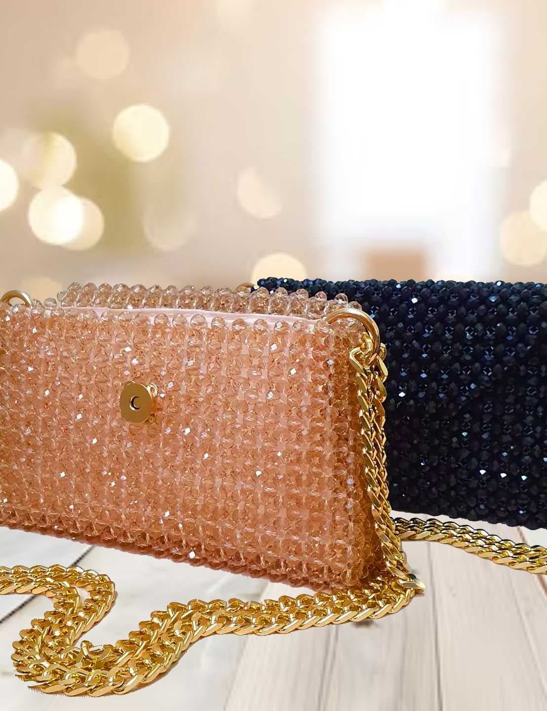 A chic, handcrafted handbag made of sparkling Glass Crystal beads Beige