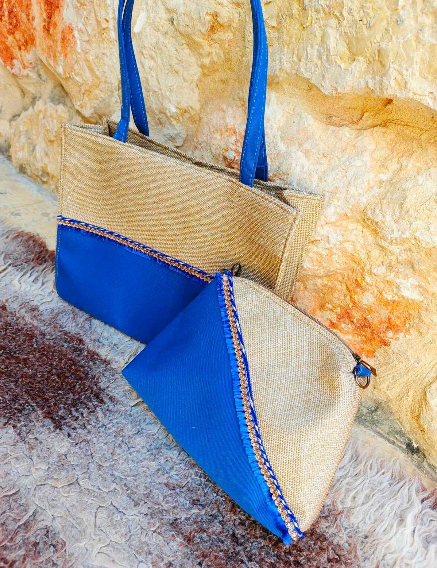 Women's Jute Tote Bag Set with Matching Pouch Blue