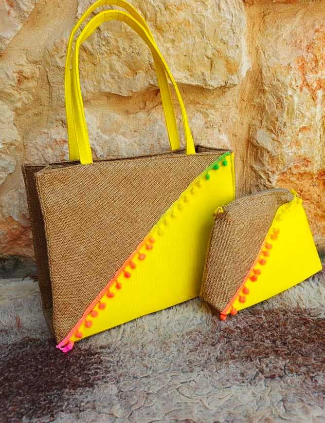 Women's Jute Tote Bag Set with Matching Pouch Yellow - 2