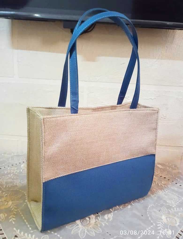 A stylish handbag made from natural jute fabric Blue - 2
