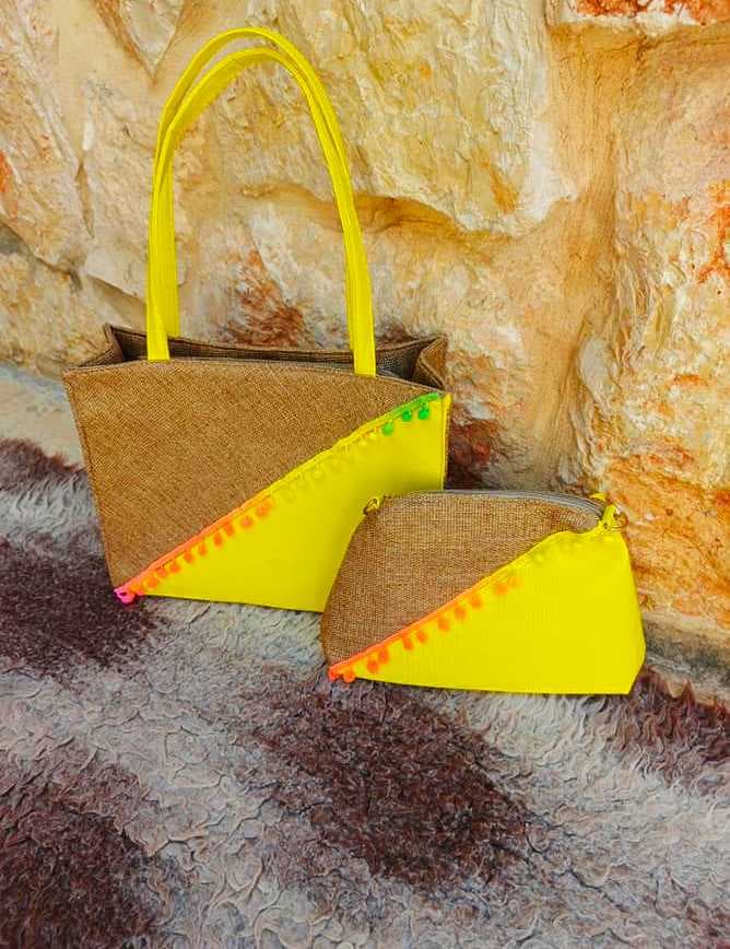 Women's Jute Tote Bag Set with Matching Pouch Yellow