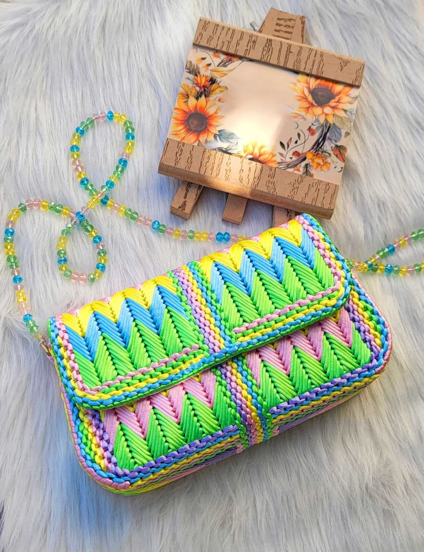 Handwoven Satin Bag in Rainbow Colors Pink - 2