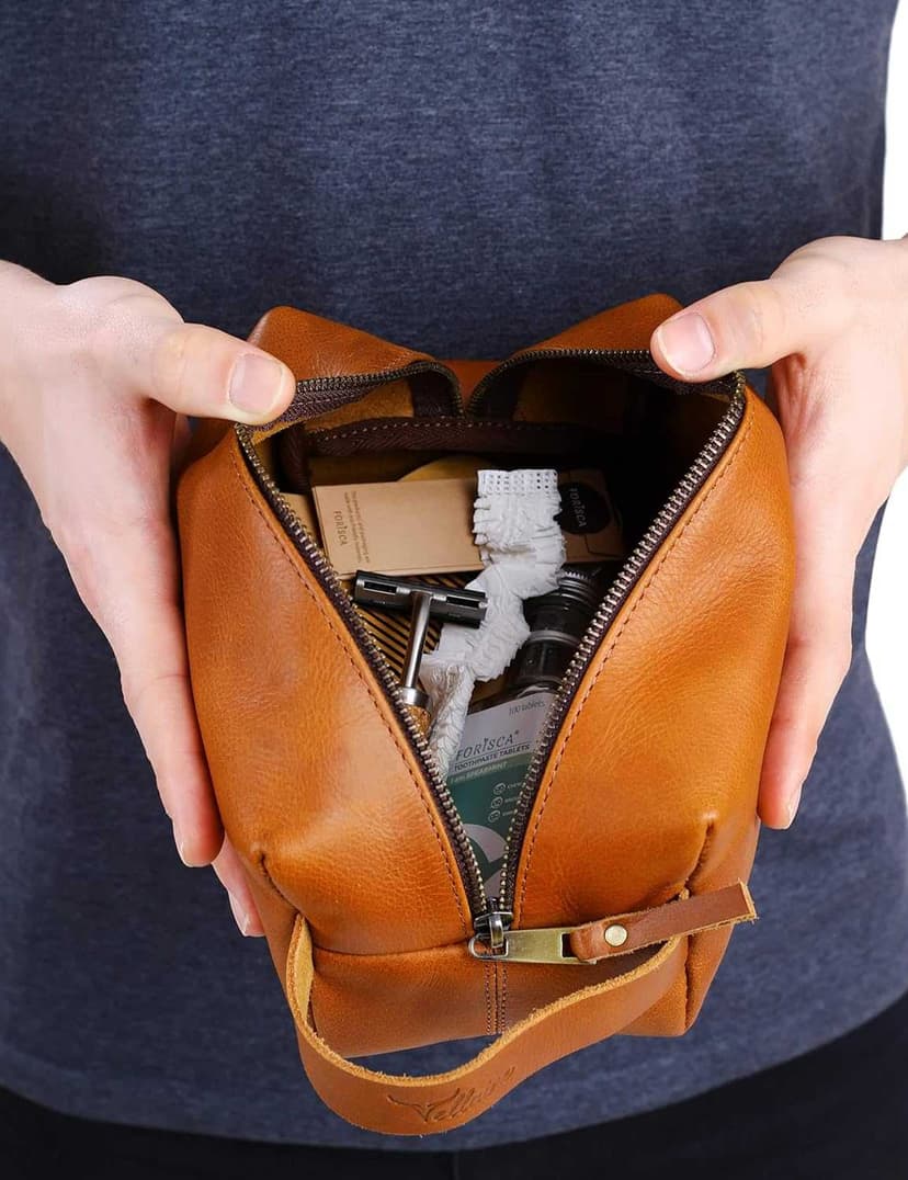 A minimalist genuine leather toiletry bag Light brown - 2