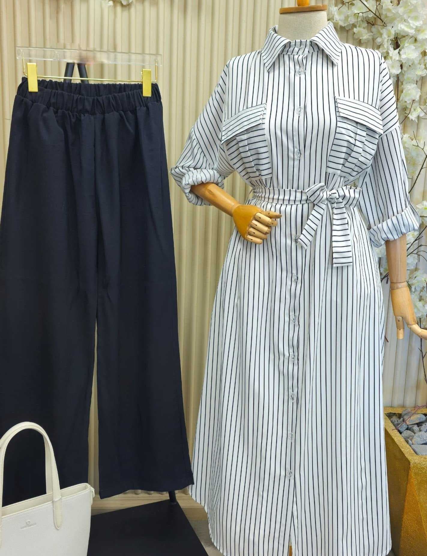 Long Striped Dress White  L