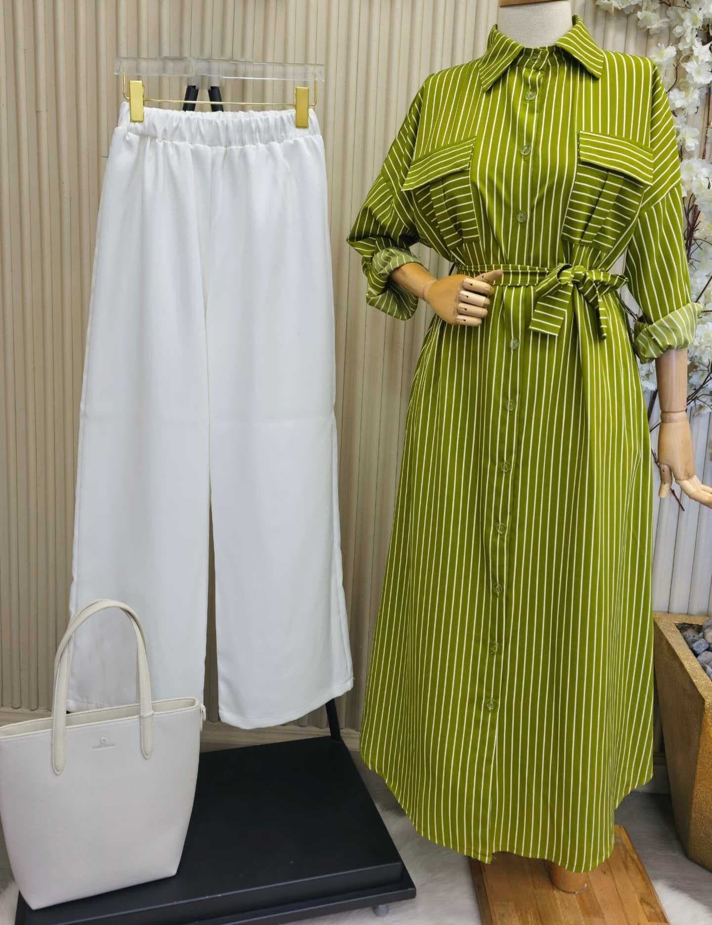 Long Striped Dress Green  L