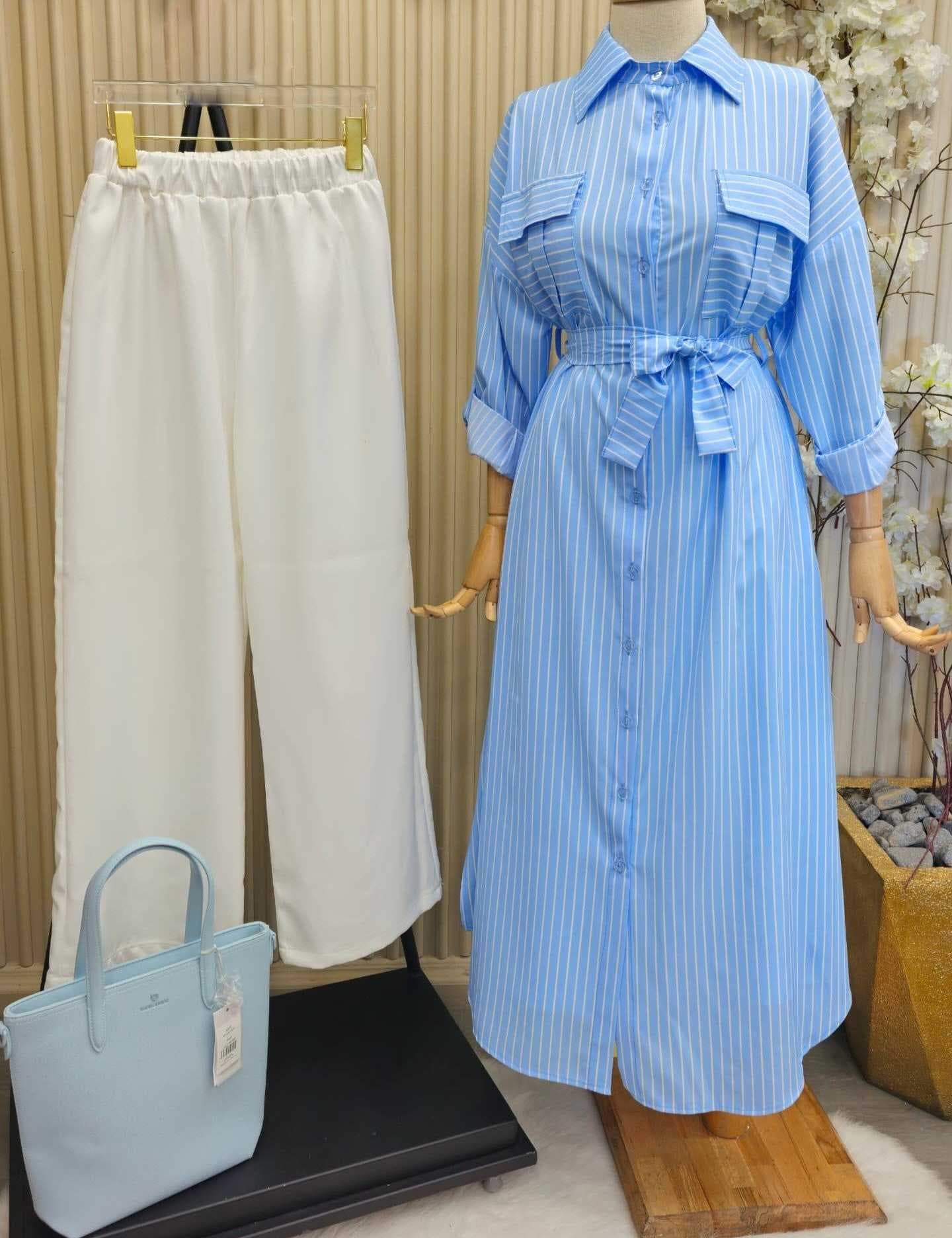Long Striped Dress light Blue  L