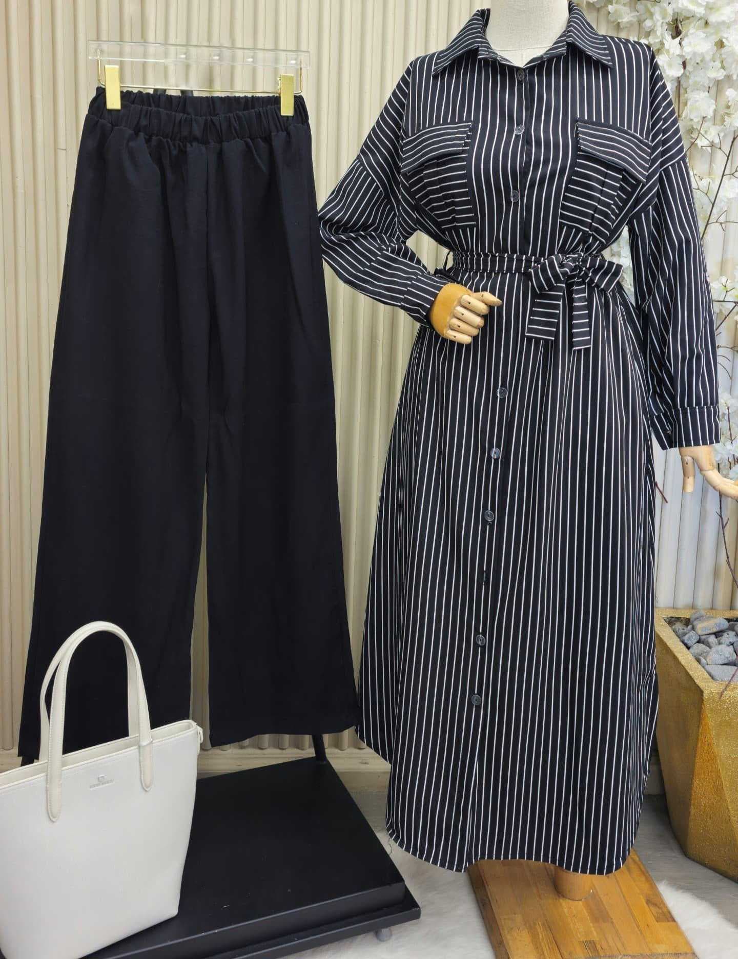 Long Striped Dress black  L