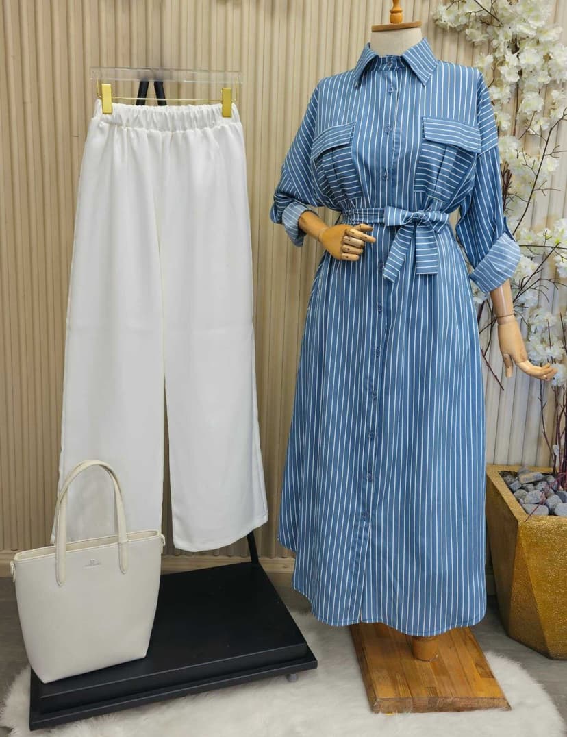 Long Striped Dress Blue  L - 2