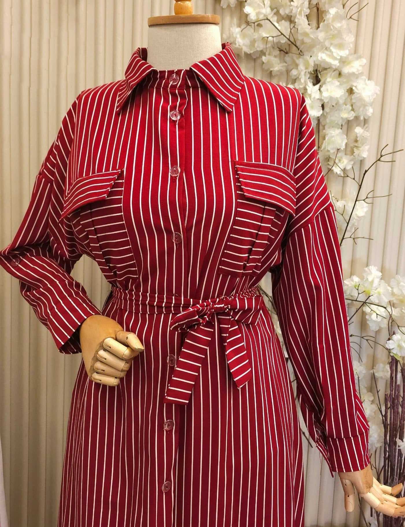 Long Striped Dress red  L