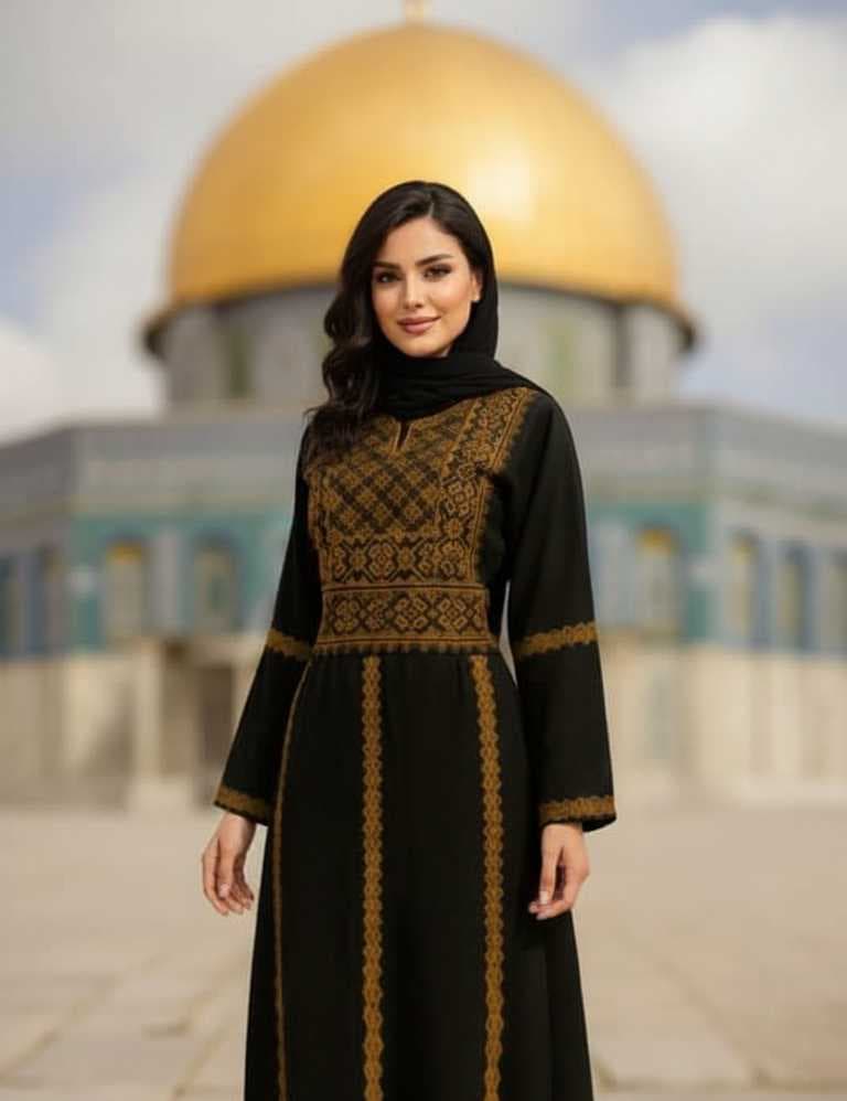 abaya features exquisite traditional Palestinian embroidery Light brown  L