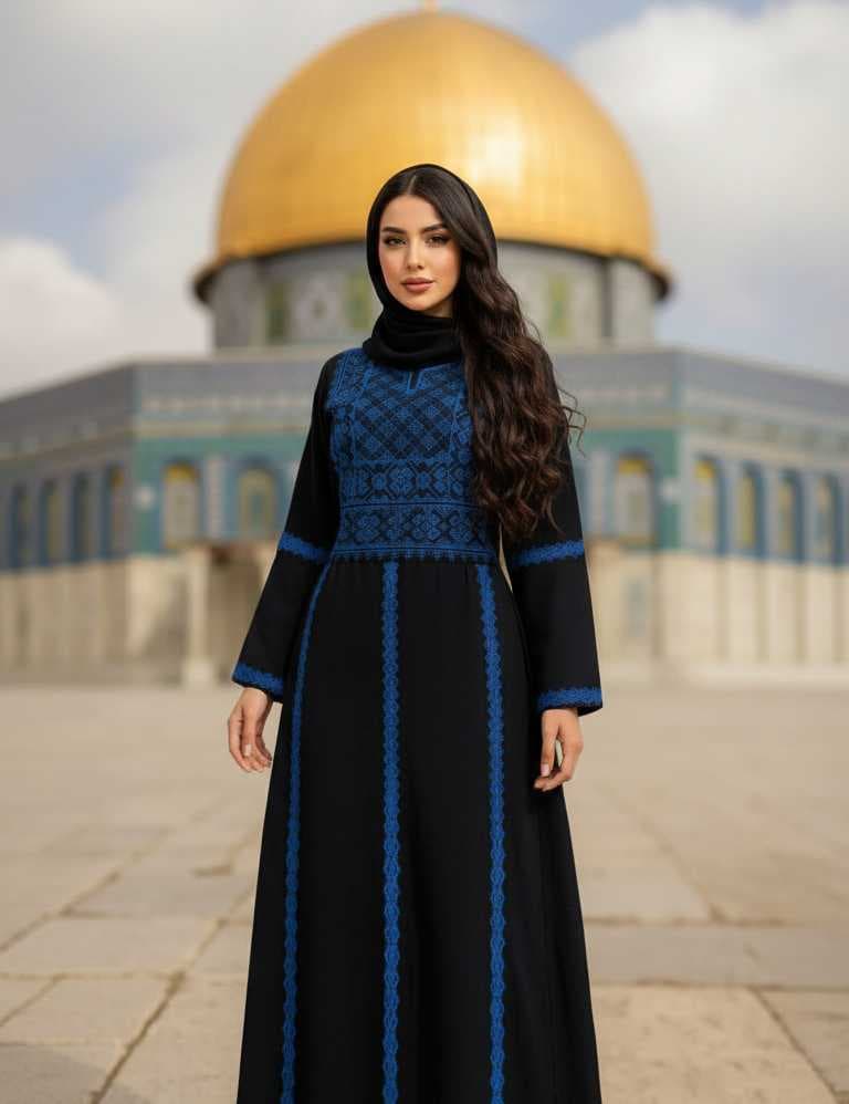 abaya features exquisite traditional Palestinian embroidery Blue  XL