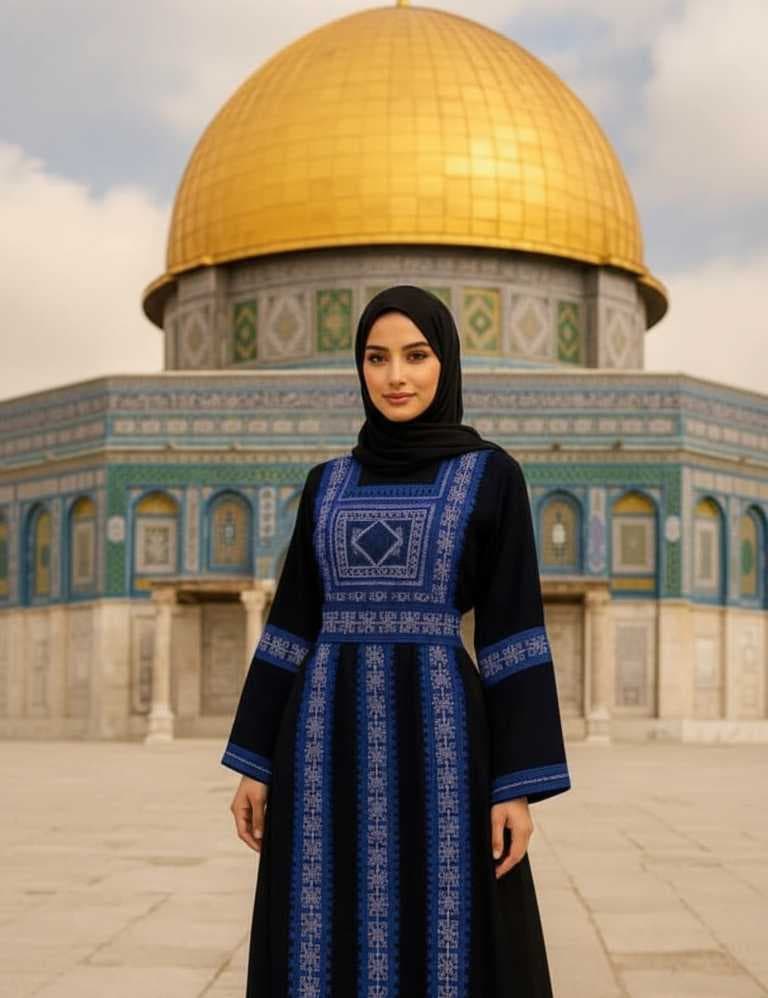 abaya designed with elegant Palestinian embroidery Blue  XL - 2