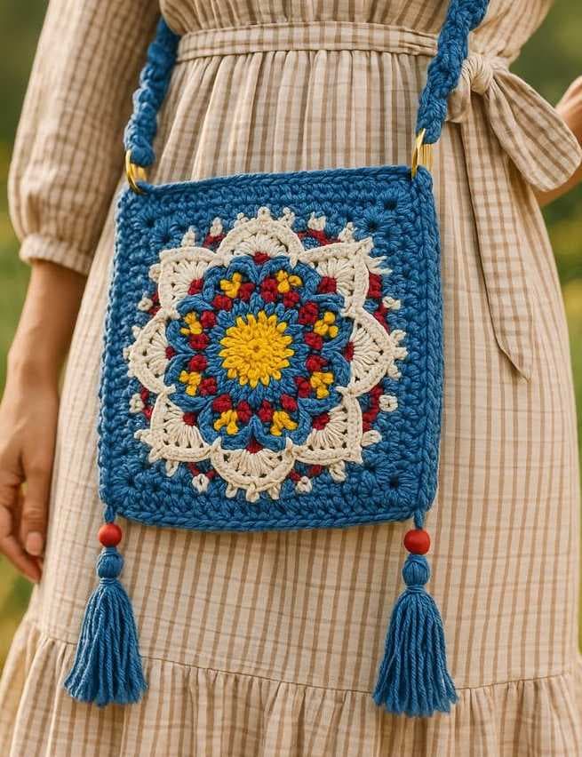 Handmade Boho Crochet Bag Blue - 2