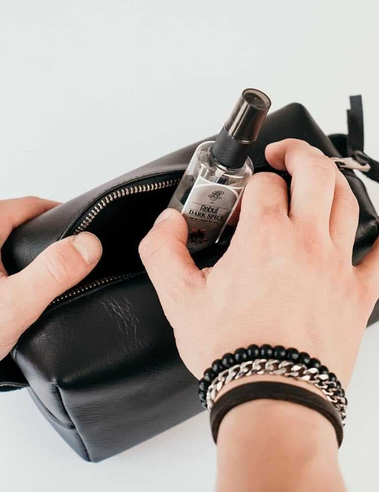 A minimalist genuine leather toiletry bag black